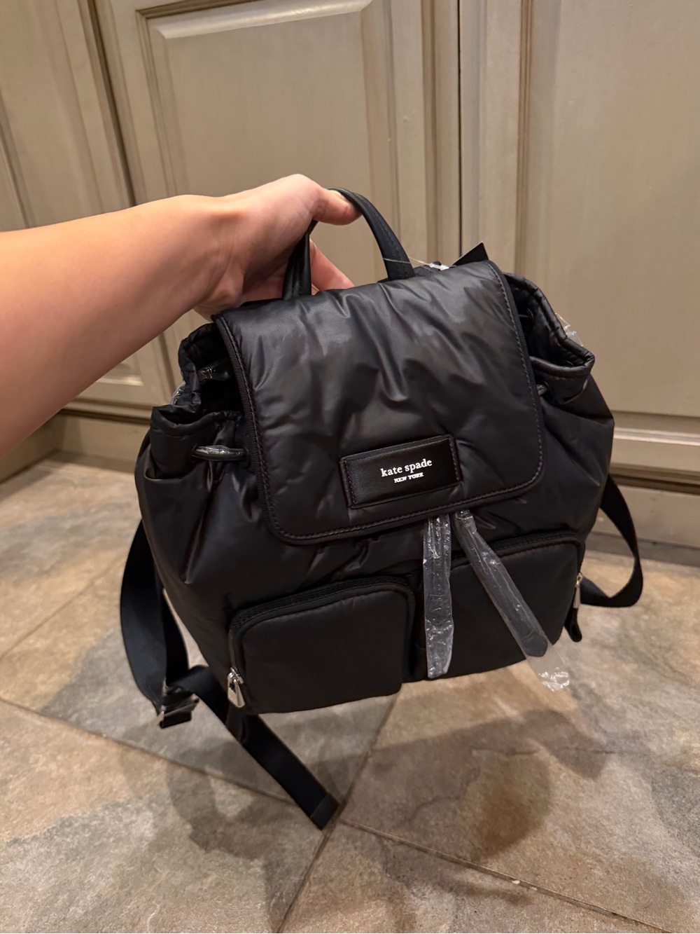 kate spade Black Nylon Roll-Top Backpack with Front Pockets